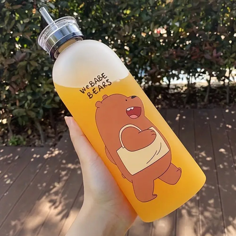 33.81oz Frosted Cartoon Bear Water Bottle – Portable Sports Bottle with Straw - Brown