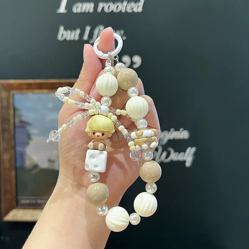 Bubble Mart White Beaded Mobile Charms Bracelet (Mobile,Car key, Bag Pendant) - White