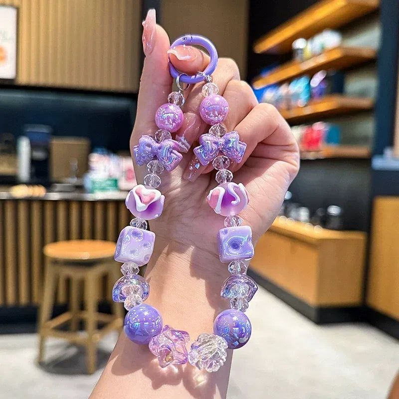 Cheese Beaded Hisbiscus Mobile Charms Bracelet (Mobile,Car key, Bag Pendant) - Purple