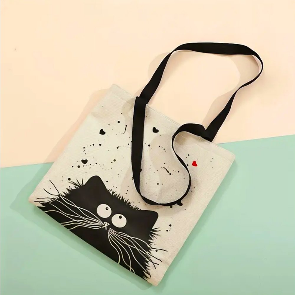 Chic Cat &amp; Coffee Print Tote Bag – Stylish Reusable Shoulder Handbag - Cat