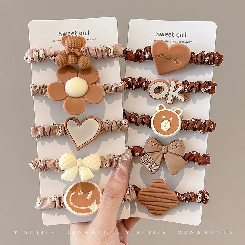 Cute Brown Hair Ties Big Badges - 5 pcs set