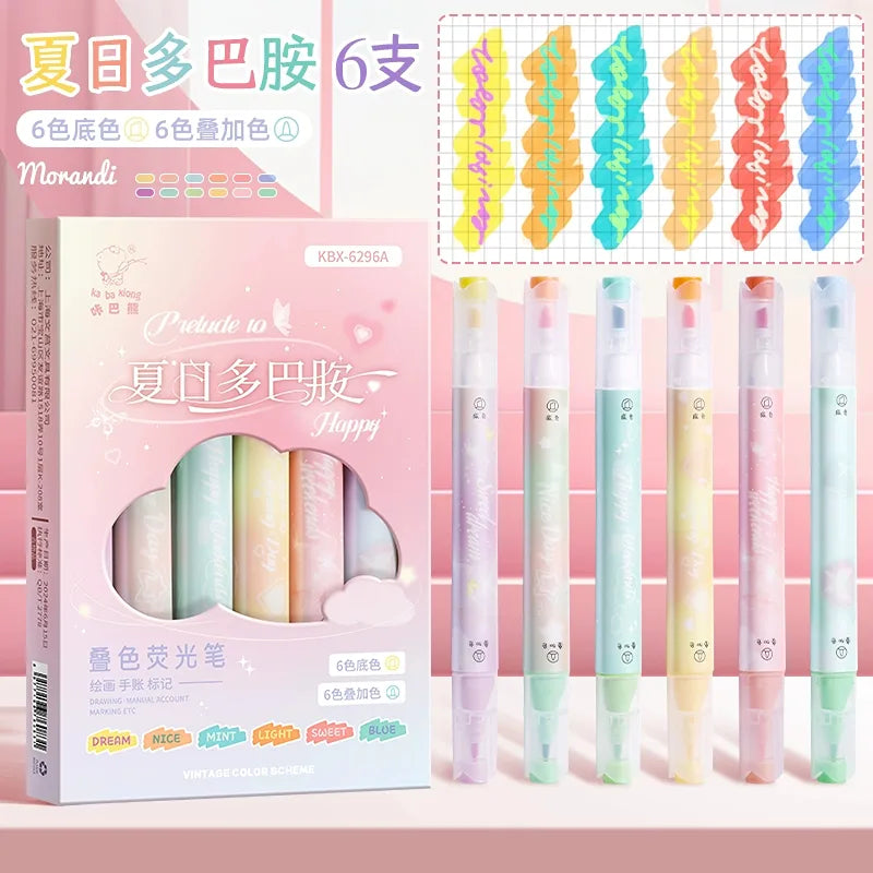 Dual Tip Fluorescent Highlighters Pens - Set of 6 Pens - Summer Dopmine