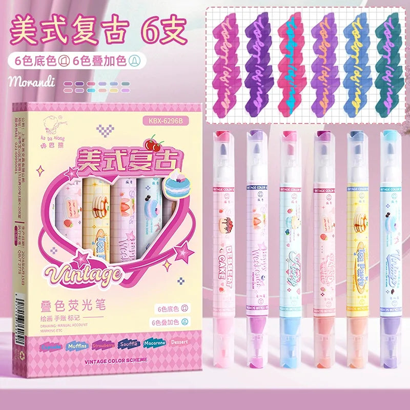 Dual Tip Fluorescent Highlighters Pens - Set of 6 Pens - American Retro