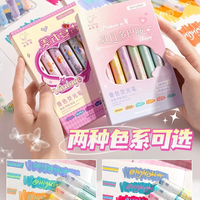 Dual Tip Fluorescent Highlighters Pens - Set of 6 Pens