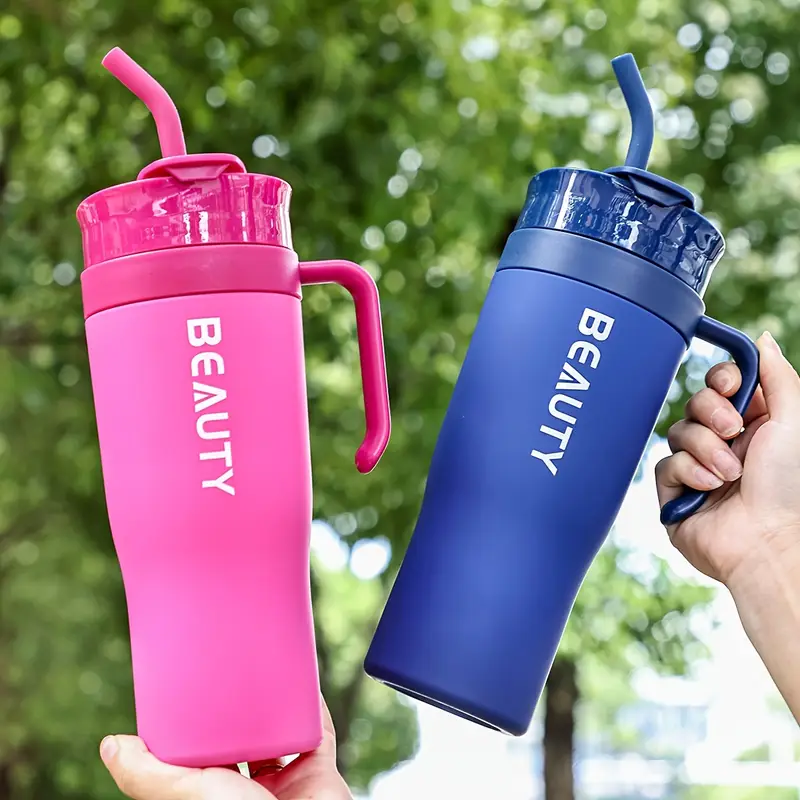 Portable Water Bottle with Straw - Large Capacity, Lightweight, Handwash Only, Plastic Material (Inside Plastic), Round Shape - Pink