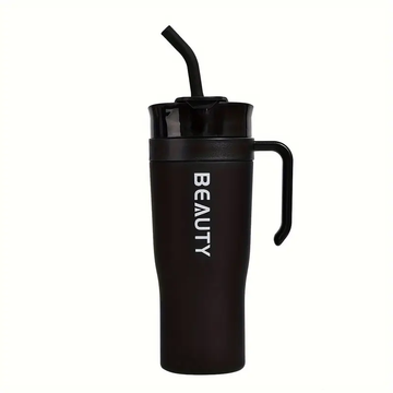 Portable Water Bottle with Straw - Large Capacity, Lightweight, Handwash Only, Plastic Material (Inside Plastic), Round Shape - Black