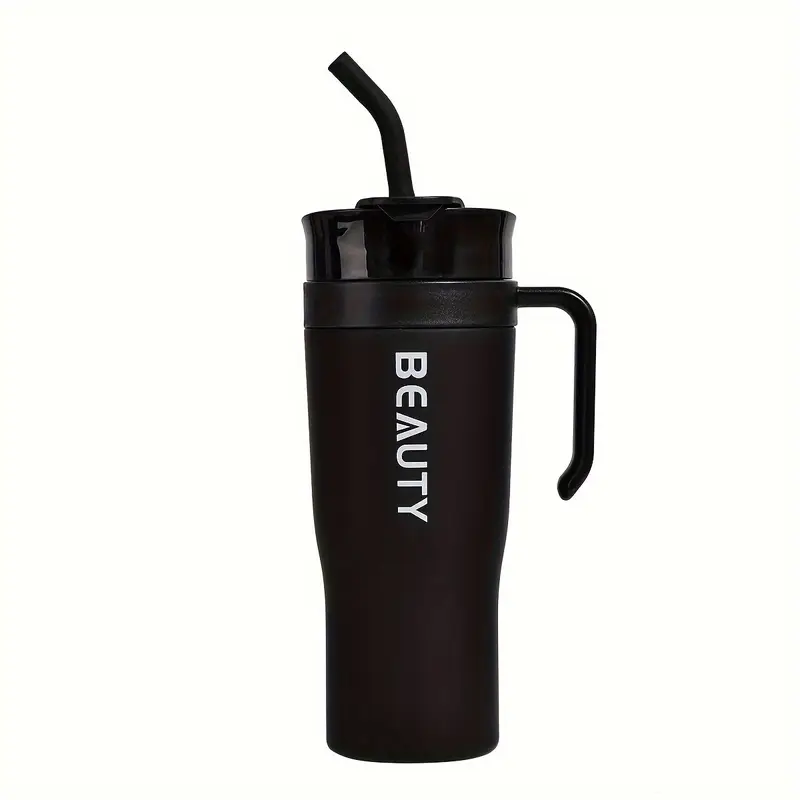 Portable Water Bottle with Straw - Large Capacity, Lightweight, Handwash Only, Plastic Material (Inside Plastic), Round Shape - Black