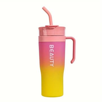 Portable Water Bottle with Straw - Large Capacity, Lightweight, Handwash Only, Plastic Material (Inside Plastic), Round Shape - Orange Pink Shade