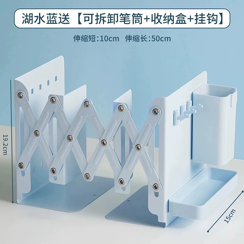 Retractable Bookstand Storage Rack With Pen Holder, Book Clip Foldable - Lake Blue