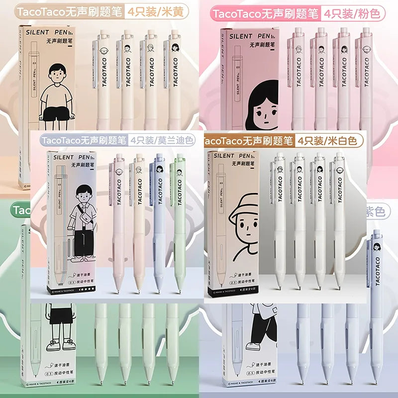 Silent Gel Pen with Soft Grip and No Click Sound - Set of 4 Pens - Mixed