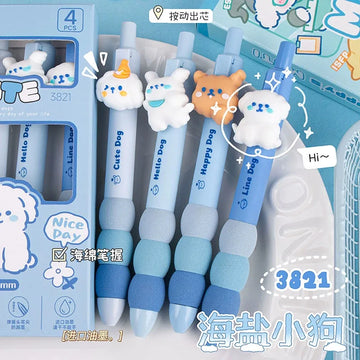 Strawberry Bear Press Gel Pens Cute Push Click - Set of 4 Pens - Blue Puppy