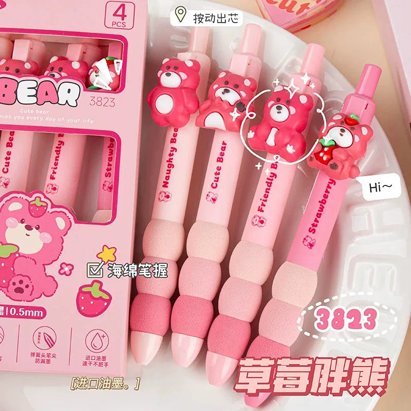 Strawberry Bear Press Gel Pens Cute Push Click - Set of 4 Pens - Pink Bear