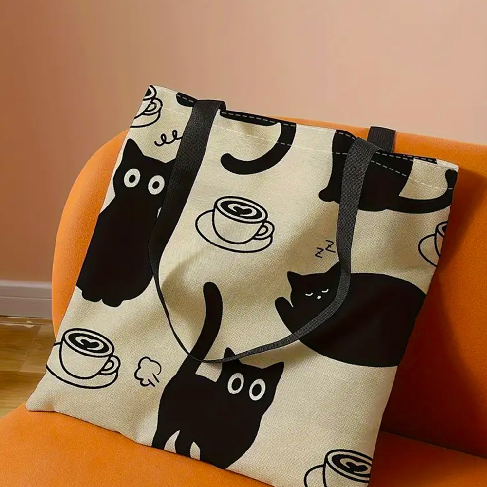 Chic Cat &amp; Coffee Print Tote Bag – Stylish Reusable Shoulder Handbag - Cat Coffee