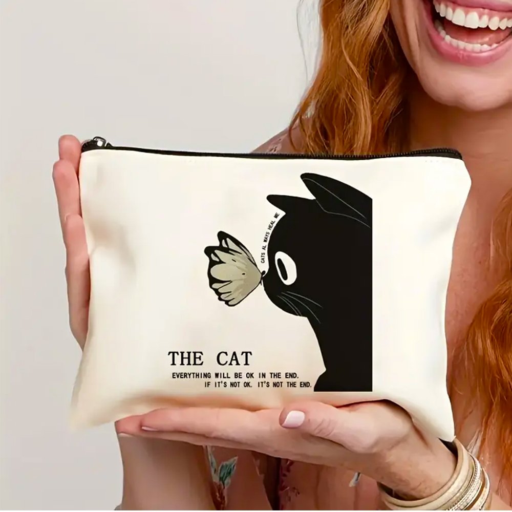 Adorable Cat-Themed Canvas Makeup Bag – Durable &amp; Lightweight with Zipper Closure