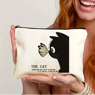 Adorable Cat-Themed Canvas Makeup Bag – Durable &amp; Lightweight with Zipper Closure