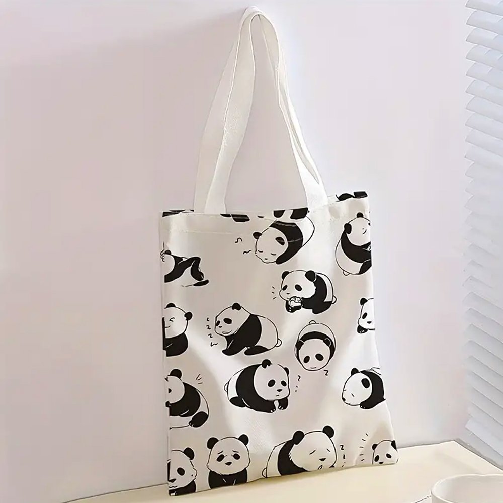 Panda Print Canvas Tote Bag – Large Capacity Reusable Shoulder Bag for Daily Use
