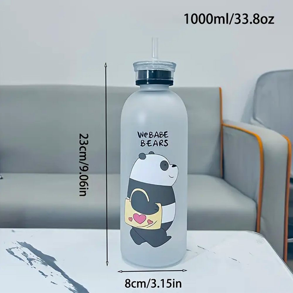 33.81oz Frosted Cartoon Bear Water Bottle – Portable Sports Bottle with Straw - Black